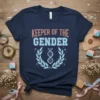 Keeper of the Gender text with DNA graphic and laurel wreath on a navy t-shirt for gender reveal parties