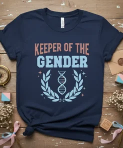 Keeper of the Gender text with DNA graphic and laurel wreath on a navy t-shirt for gender reveal parties