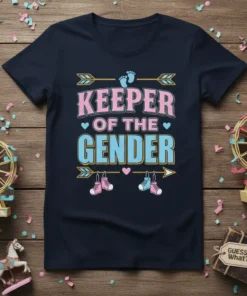 Keeper of the Gender T-Shirt design with pink and blue text, baby feet, and tiny shoes