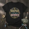 Black t-shirt with "Keeper of the GENDER" text in a circular, celestial design with moon and stars