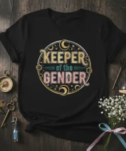 Black t-shirt with "Keeper of the GENDER" text in a circular, celestial design with moon and stars