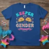 Keeper of the Gender text with cute taco graphics on a blue t-shirt for a baby reveal party