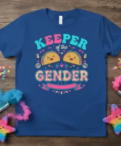 Keeper of the Gender text with cute taco graphics on a blue t-shirt for a baby reveal party