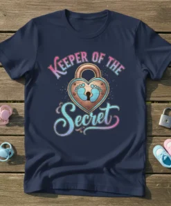 Keeper of the Secret t-shirt design with heart-shaped lock and baby footprints graphic