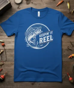 Keepin' It Reel fishing t-shirt design with a leaping bass and fishing lure graphic