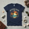 Keevydin Island FL text over a sunset beach scene with palm trees, navy blue t-shirt design