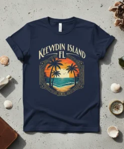 Keevydin Island FL text over a sunset beach scene with palm trees, navy blue t-shirt design
