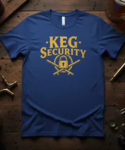Keg Security t-shirt design with yellow text and lock graphic, perfect for beer lovers and homebrewers