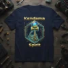 Kendama Spirit t-shirt design with a golden robotic hand holding a kendama, surrounded by circuit board elements
