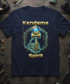Kendama Spirit t-shirt design with a golden robotic hand holding a kendama, surrounded by circuit board elements