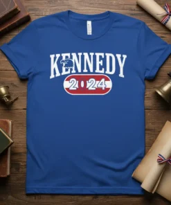 Kennedy 2024 campaign t-shirt with bold white text and an eagle graphic, displayed on a royal blue tee