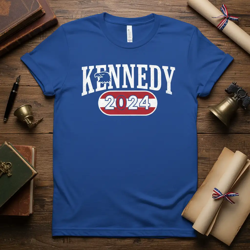 Kennedy 2024 political campaign slogan tee with eagle graphic and distressed lettering, royal blue shirt