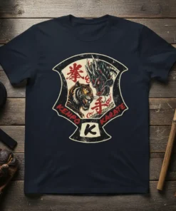Kenpo Karate t-shirt design featuring a fierce tiger and dragon facing each other with Japanese characters and "KENPO KARATE" text