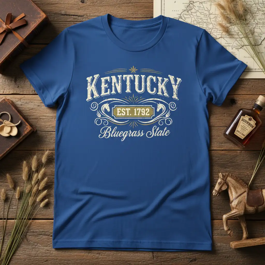 Vintage Kentucky Bluegrass State Est 1792 design with ornate scrollwork and horse emblems