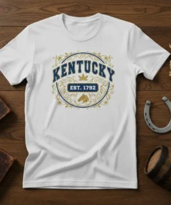 Kentucky Est 1792 t-shirt with blue text, gold ornate border, and horse graphic