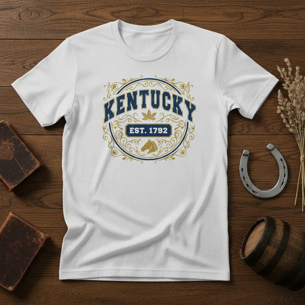 Kentucky Est 1792 t-shirt design featuring vintage blue lettering and gold ornate details with horse graphic