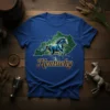 Kentucky Horse T-Shirt featuring a running blue horse graphic superimposed on a green Kentucky state outline with the word "Kentucky"