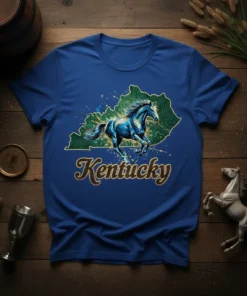 Kentucky Horse T-Shirt featuring a running blue horse graphic superimposed on a green Kentucky state outline with the word "Kentucky"