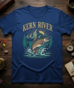 Kern River Fishing t-shirt design featuring a leaping trout, mountains, and pine trees