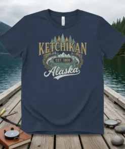 Ketchikan Alaska EST 1900 vintage t-shirt design with salmon and mountains