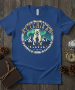 Ketchikan Alaska Est. 1900 t-shirt with a polar bear, mountains, and Northern Lights graphic in a circular design