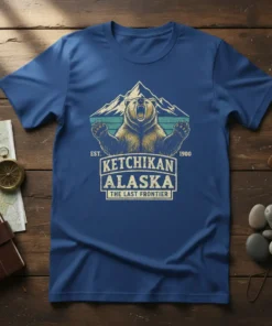 Ketchikan Alaska The Last Frontier T-Shirt with roaring bear and mountain graphic, vintage distressed style