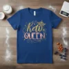 Keto QUEEN text with a crown and geometric design on a royal blue t-shirt