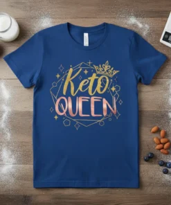 Keto QUEEN text with a crown and geometric design on a royal blue t-shirt
