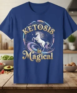 Ketosis Is Magical unicorn graphic t-shirt with stars and a rainbow swirl