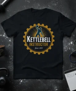 Kettlebell Instructor Since 2005 design on a black t-shirt with a silhouette of a person lifting a kettlebell