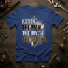 Kevin The Man The Myth The Legend quote on a blue t-shirt with gears and lightning graphics