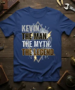 Kevin The Man The Myth The Legend quote on a blue t-shirt with gears and lightning graphics
