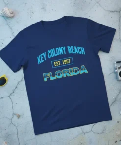 Key Colony Beach Est. 1957 Florida t-shirt with retro blue and yellow text