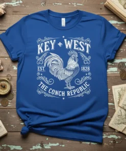Key West Est 1828 The Conch Republic t-shirt with a detailed rooster graphic and vintage-inspired border