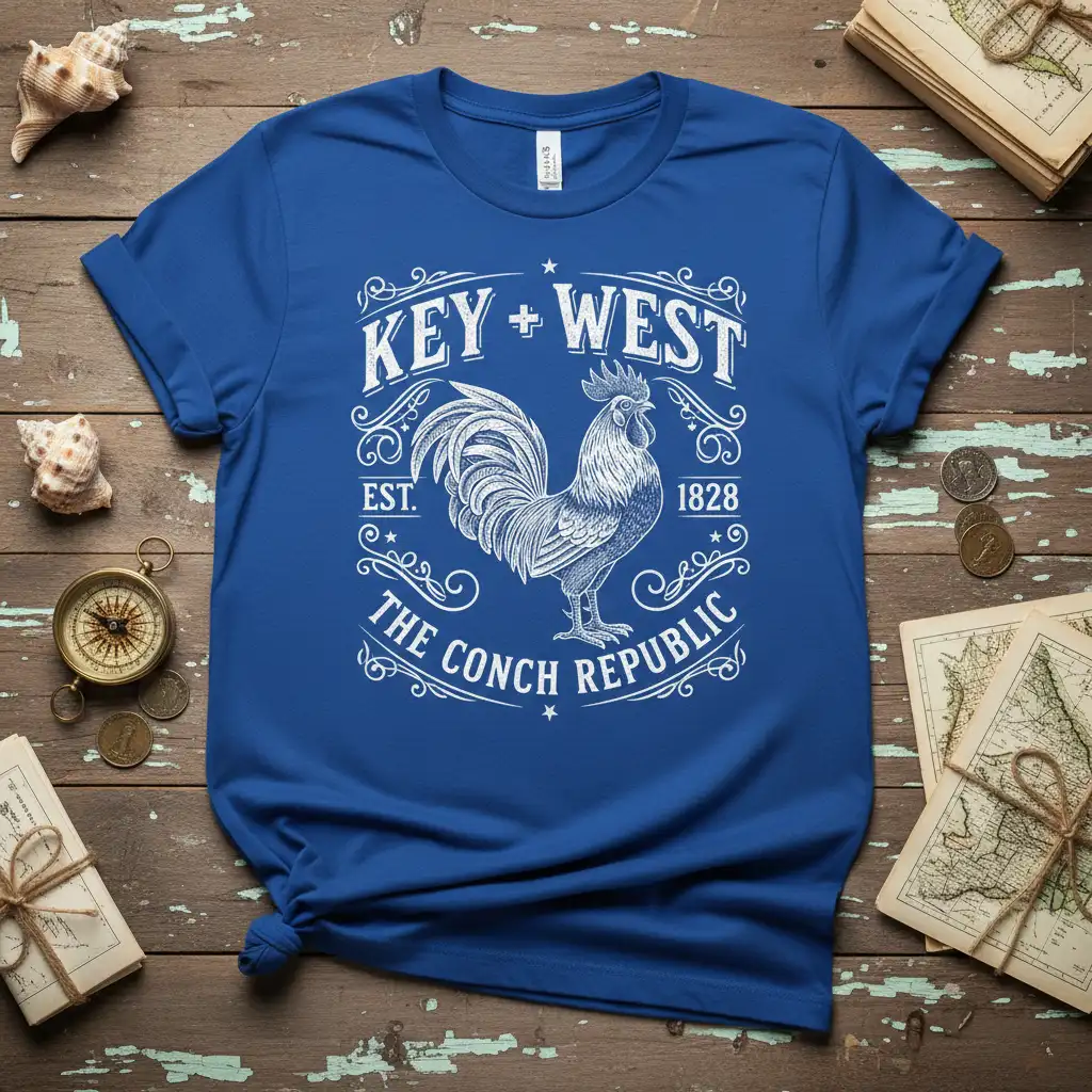 Key West Est 1828 The Conch Republic design with a prominent rooster graphic on a blue t-shirt