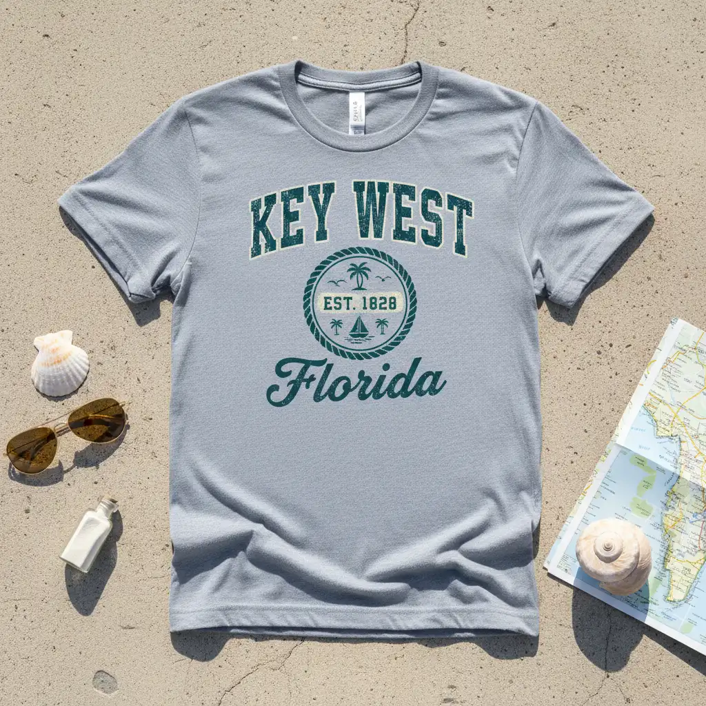 Key West Florida Est 1828 vintage design featuring collegiate text and tropical island graphics