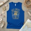 Key West Florida vintage graphic tee with palm tree, sunset, and waves design. Includes EST. 1828 text