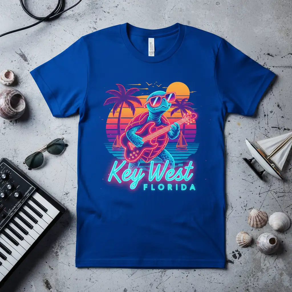 Key West Florida Turtle Guitar eye-catching design printed on comfortable cotton fabric creating a standout t-shirt
