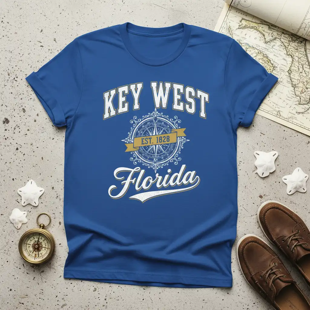 Blue Key West Florida t-shirt with EST 1828 vintage compass design