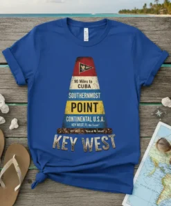 Key West Southernmost Point T-Shirt design showing "90 Miles to Cuba" and "Continental U.S.A." text on a marker graphic