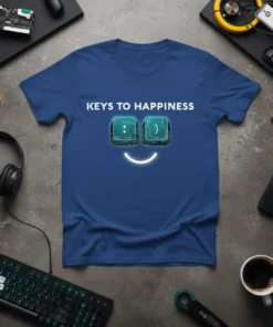 T-shirt with "KEYS TO HAPPINESS" text and two glowing keyboard key icons forming a smiley face