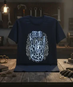 KG rock and roll skeleton hands graphic on a black t-shirt, with ornate scrollwork detail