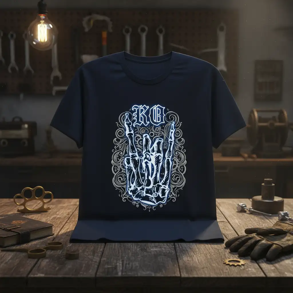 KG gothic lettering above skeleton hands making the rock on gesture, detailed ornamental design