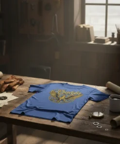 Blue t-shirt with gold "Khalifa" text and eagle emblem design, displayed on a wooden table