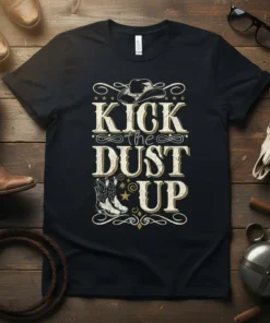 Black t-shirt with "KICK the DUST UP" text, cowboy hat, and cowboy boots graphic