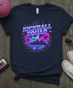 Kickball Squad text in retro 80s style with mountain and palm tree graphic on a navy t-shirt
