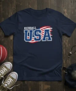 Navy t-shirt with "KICKBALL USA" text in white and blue, overlaid on a distressed American flag graphic