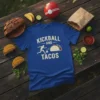 Kickball And Tacos graphic tee featuring a player kicking a soccer ball towards a taco