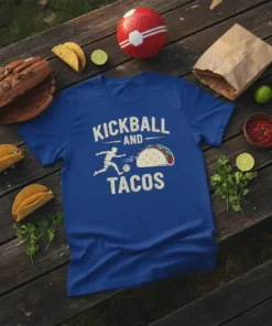 Kickball And Tacos graphic tee featuring a player kicking a soccer ball towards a taco