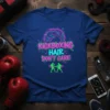 Kickboxing Hair Don't Care text design with graphic of two fighters and stylized hair on a blue t-shirt